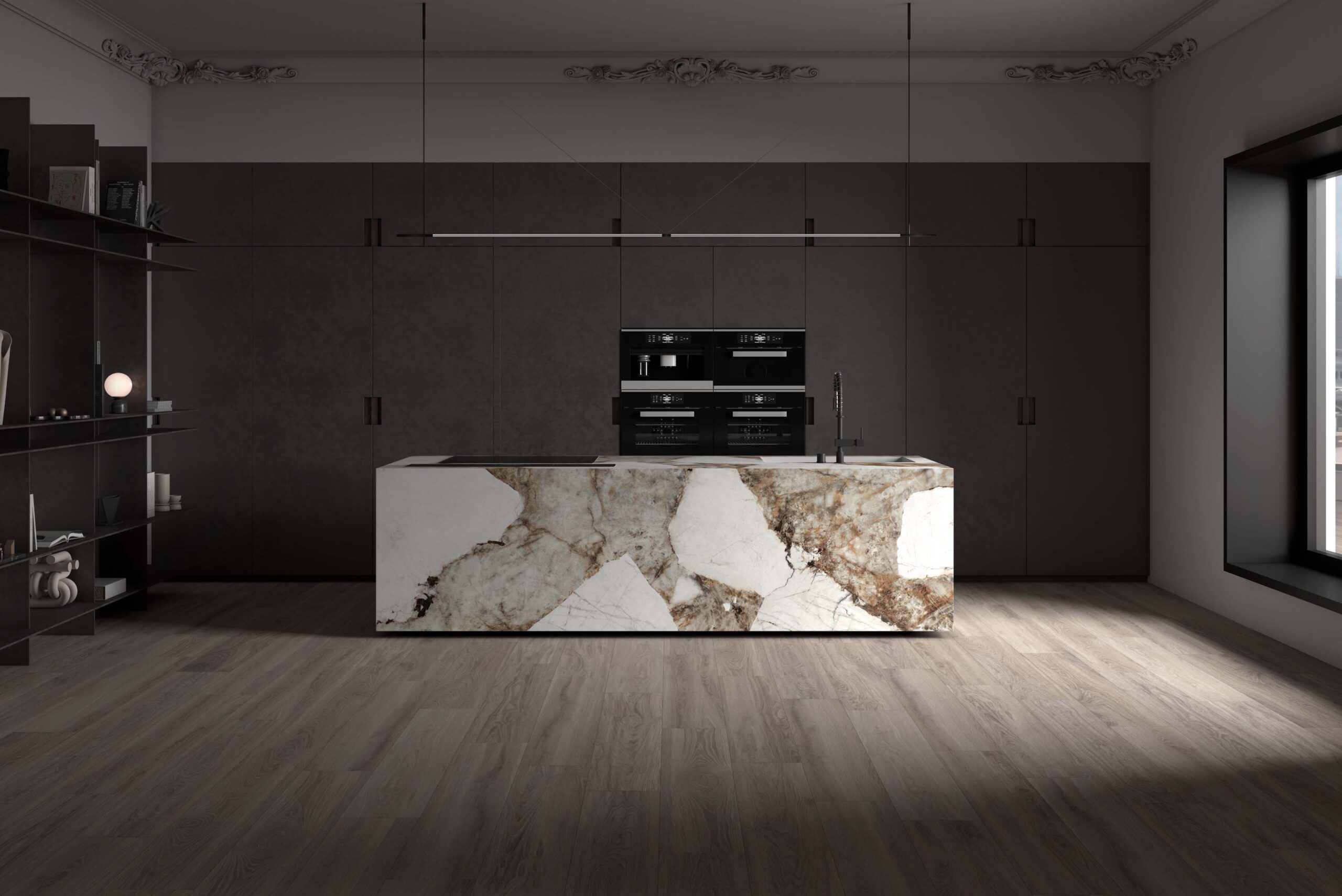 Moderna dnevna soba sa XXL formatima keramike na zidu i podu